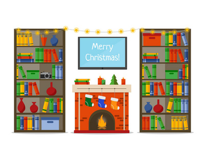 圣诞室内。圣诞节壁炉与礼物, 袜子在图书馆, 平的样式向量例证