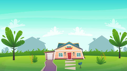 有趣的幸福山水村家庭住宅卡通风格. 矢量插图照片
