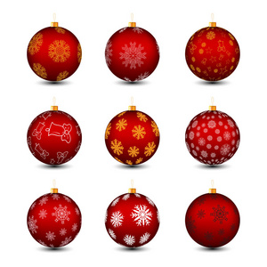 一套装饰红色圣诞球隔离在白色背景向量插图。