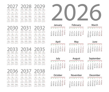 白色背景下的简单日历2026。 矢量插图