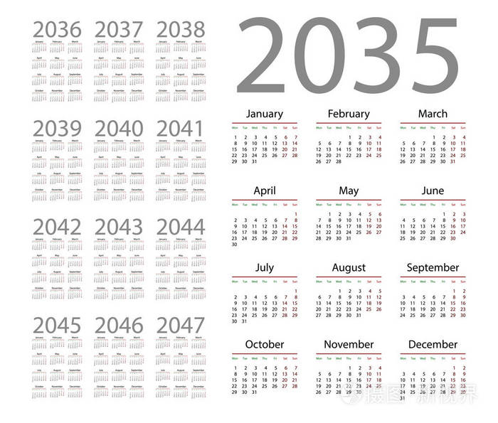 白色背景下的简单日历2035矢量插图