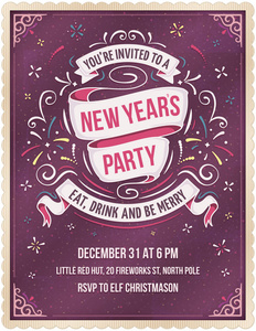 s party invitation with colorful stars, fireworks and elegant wh