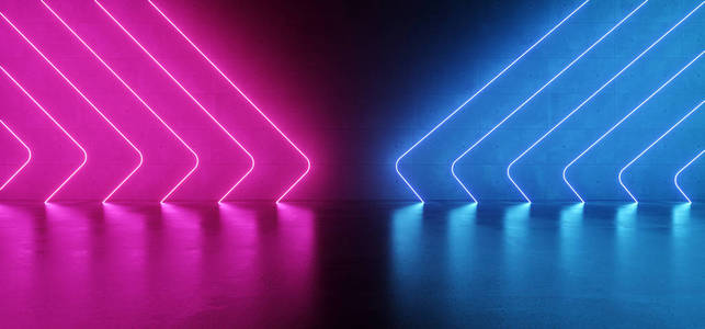 未来科学FI现代优雅的外星暗格格格混凝土房间与紫粉红色发光三角形霓虹灯管反射背景3渲染插图。