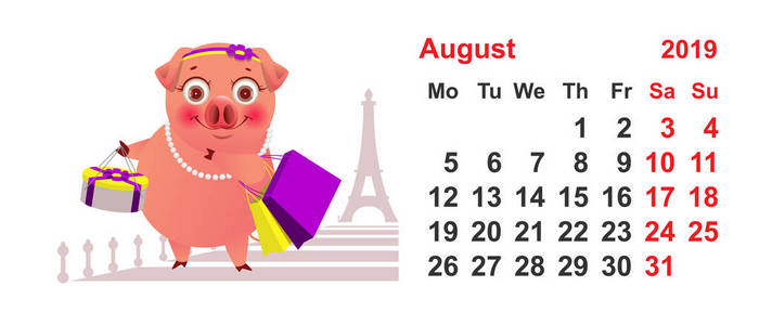 日历2019年8月猪女购物在巴黎度假。 矢量卡通插图