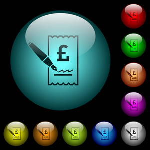 在黑色背景上签署英镑支票图标的彩色照明球形玻璃按钮。 可用于黑色或深色模板