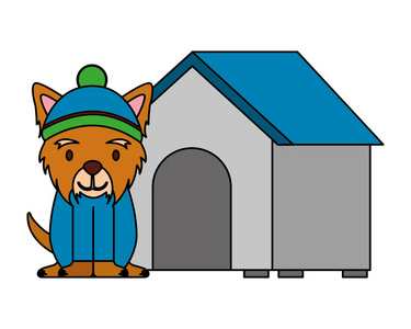 带着冬帽的狗和房子的圣诞快乐矢量插图