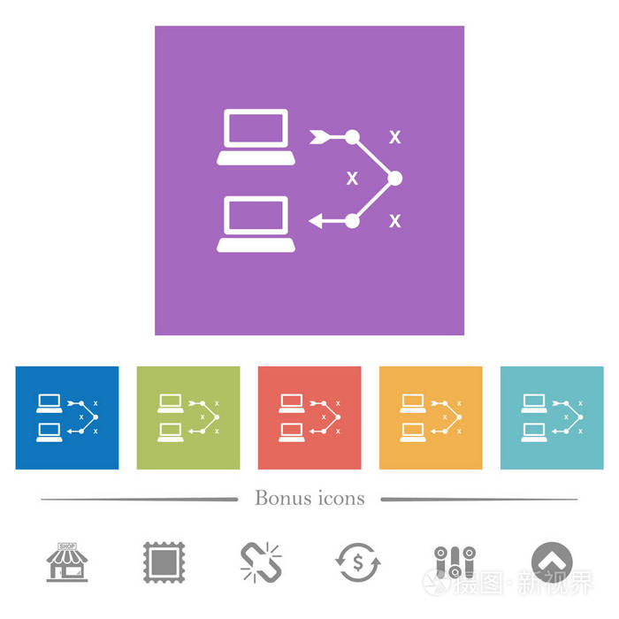 traceroute远程计算机平面白色图标在方形背景。 包括6个奖金图标。