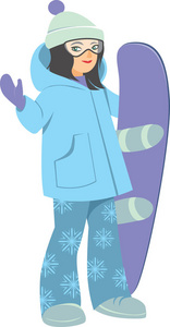 快乐的年轻女孩滑雪矢量卡通平面风格插图
