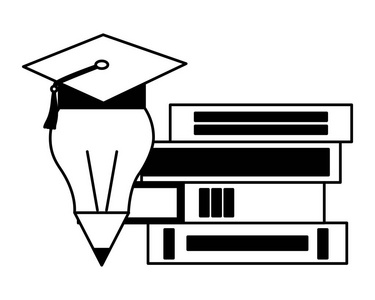 书和毕业帽铅笔教育学校矢量插图