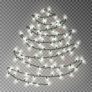 白光串圣诞树。在黑暗背景上隔离的透明效果装饰。re