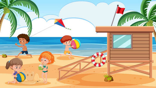 孩子们在海滩上玩插图