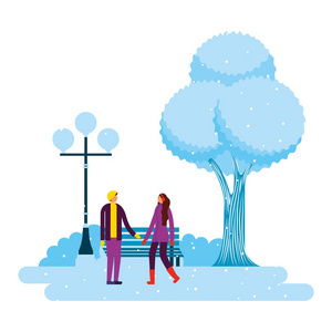 情侣在公园冬季风景矢量插图