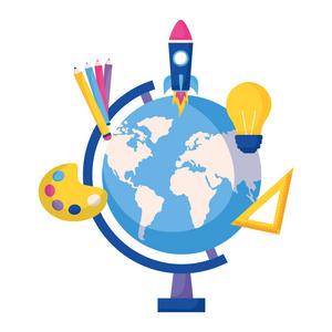 地球仪创意教育学校地球仪创意火箭插图照片