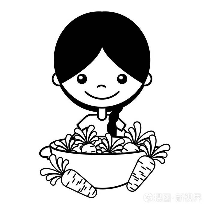 带胡萝卜的小女孩碗矢量插图
