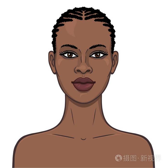 年轻美丽的非洲女孩的动画肖像. 彩色绘图. 模板供使用.