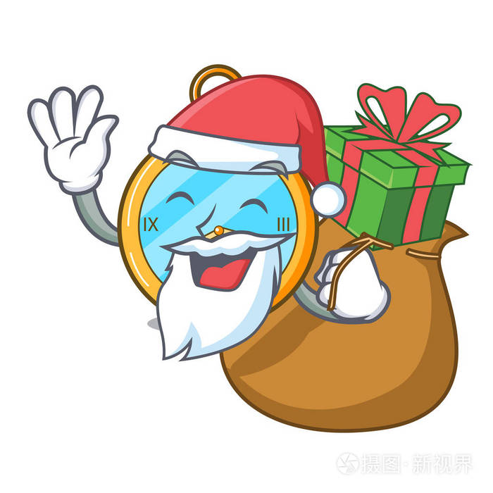 圣诞老人赠送金色古董钟和图片卡通矢量插图