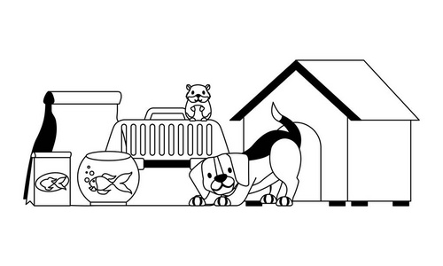 狗仓鼠和猫笼式食物屋宠物矢量插图矢量插图照片