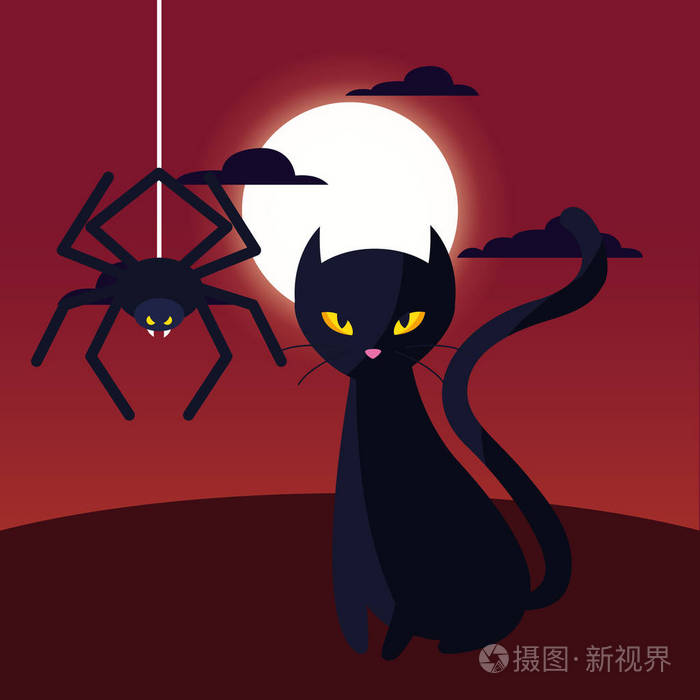 猫蜘蛛月亮之夜万圣节庆典矢量插图