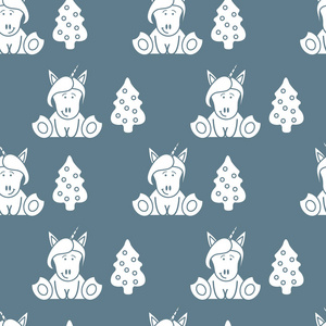 与独角兽和圣诞树的无缝图案。 圣诞节和2019年的背景。 包装织物印花的设计。