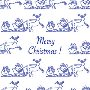 圣诞2019无缝图案。 矢量插图圣诞老人与礼物在雪橇与驯鹿。 印刷设计。