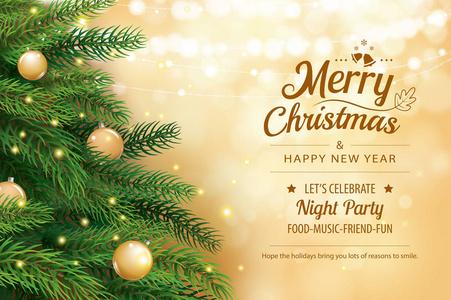 圣诞贺卡有树和金色模糊的bokeh灯背景。圣诞节和新年快乐。矢量插图为封面，横幅，模板..