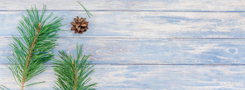 新年圣诞图案平视圣诞节节日手工工艺品纹理杉树松枝锥蓝木背景复制品长宽横幅