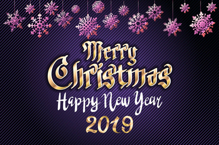 矢量金色圣诞快乐问候和新年快乐2019深蓝色背景。 金色雪花艺术
