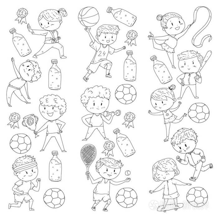 插画 儿童体育比赛.年轻的运动员踢足球, 足球, 棒球, 篮球.