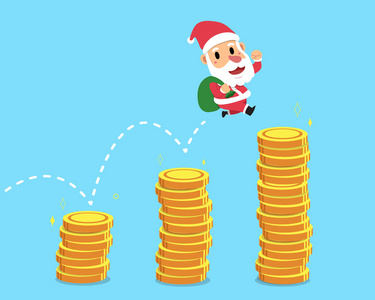 矢量卡通圣诞人物圣诞老人跳过钱堆进行设计。