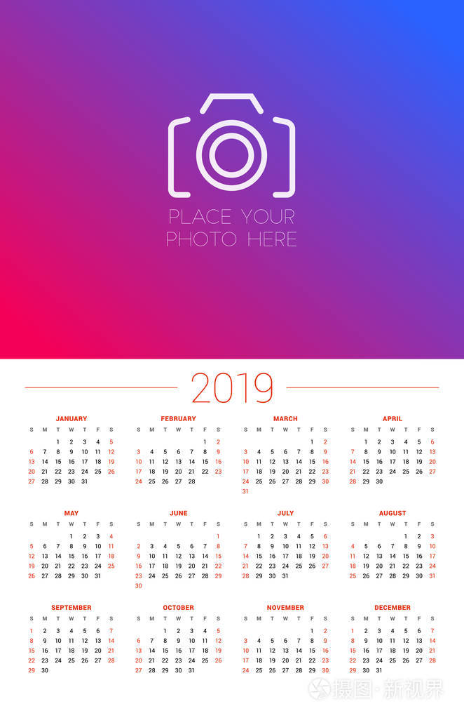 墙日历模板2019年. 一周从星期天开始. 矢量插图