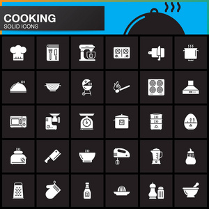 烹饪矢量图标设置现代固体符号收集象形文字包装隔离黑色标志标志插图