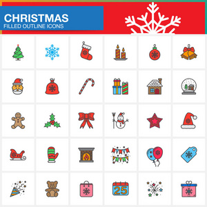 圣诞节假日线图标设置填充轮廓矢量符号收集线性彩色象形文字包装隔离白色标志插图