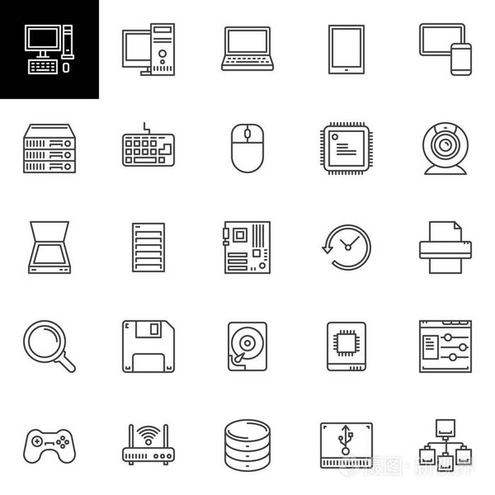 计算机线路图标收集轮廓矢量符号集线性样式象形文字包.