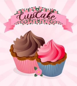 摩点蛋糕图可爱的卡通纸杯蛋糕柔和的粉红色波尔卡点背景.