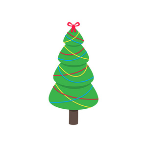 圣诞树冷杉平面风格设计图标标志矢量插图。 象征家庭圣诞节节日庆祝孤立在白色背景。 有球和星星。 圣诞快乐，新年快乐