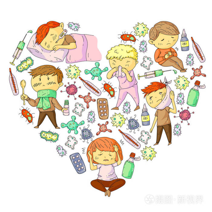 涂鸦图标与小孩, 感染, 发烧, 感冒, , 疾病插画-正版商用图片14pwlq