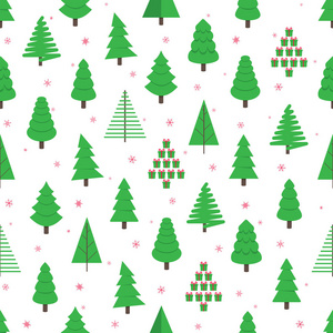 无缝圣诞树绿杉平面风格设计图案矢量插图。 象征家庭圣诞节节日庆祝孤立在白色背景。 简单的形状圣日包装织物或纹理。