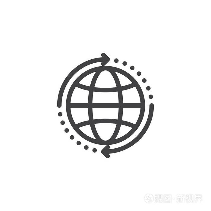 地球与箭头周围的线图标轮廓矢量符号线性风格象形文字隔离在白色上. 
