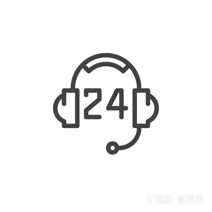 24小时支持线图标轮廓矢量符号线性样式象形文字隔离在白色上。 符号标志标志插图