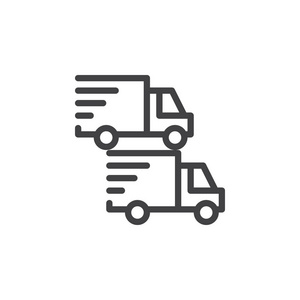 两辆运输卡车线图标轮廓矢量标志线性风格象形文字隔离在白色上。 送货符号标志插图。 像素完美