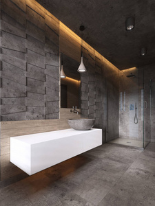 现代浴室的深色与天花板照明。 3D渲染
