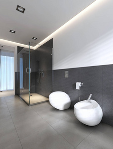 当代浴室有白色和灰色的淋浴和浴缸。 3D渲染