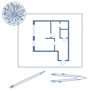 矢量插图与公寓计划罗盘铅笔仙人掌。 建筑项目。