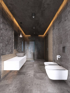 现代浴室的深色与天花板照明。 3D渲染