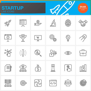 启动线图标设置轮廓矢量符号收集线性象形文字包隔离白色像素完美标志插图