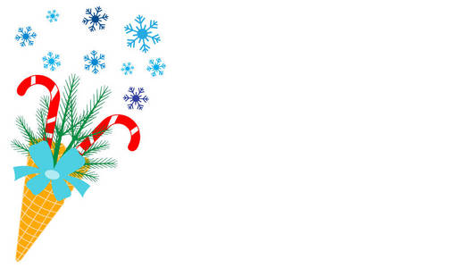 矢量插图与冰淇淋锥糖罐头雪花枝的圣诞树弓。 设计派对卡横幅海报或打印。