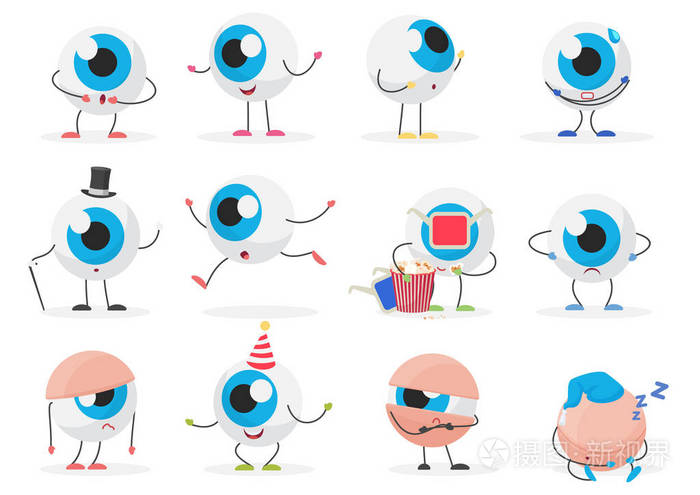 卡通可爱有趣的眼球表情符号字符的姿势设置