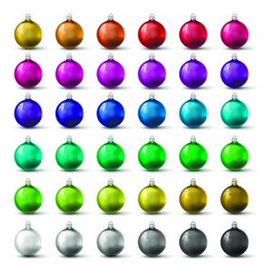 不同颜色和色调的圣诞球。 装饰卡横幅的真实感矢量插图。