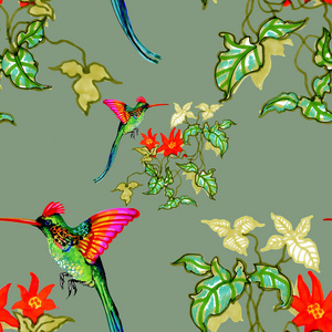 水彩画手画无缝图案，白色花朵花和五颜六色的鸟