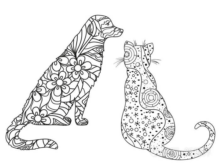 白色的狗和猫手绘动物与抽象图案的隔离背景成人精神放松的设计黑白